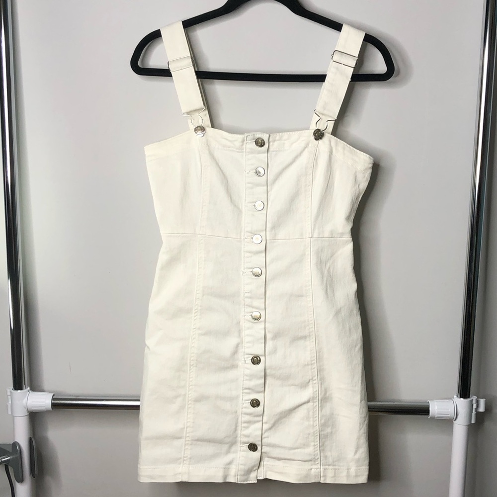 Forever 21 White Denim Button Front Overall Mini Medium Dress